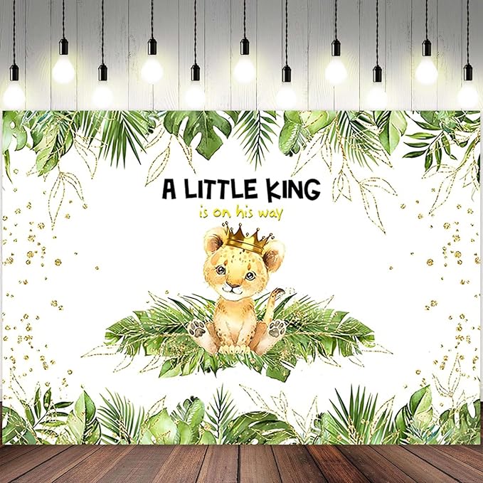 10x6.5ft Baby Shower Backdrop A Little King is On His Way Photography Background Lion Crown Jungle Forest Green Leaf Kid Birthday Party Banner Decorations Newborn Portrait Photo Booth Prop