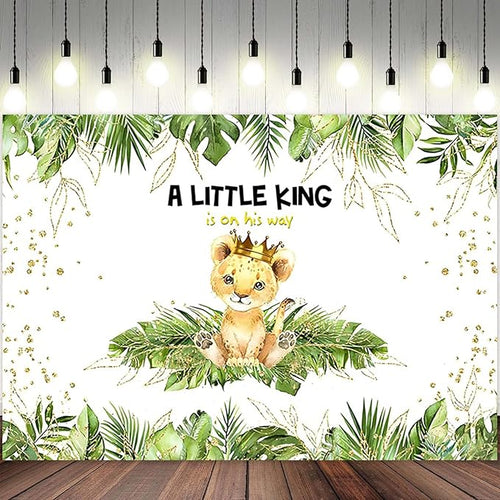10x6.5ft Baby Shower Backdrop A Little King is On His Way Photography Background Lion Crown Jungle Forest Green Leaf Kid Birthday Party Banner Decorations Newborn Portrait Photo Booth Prop