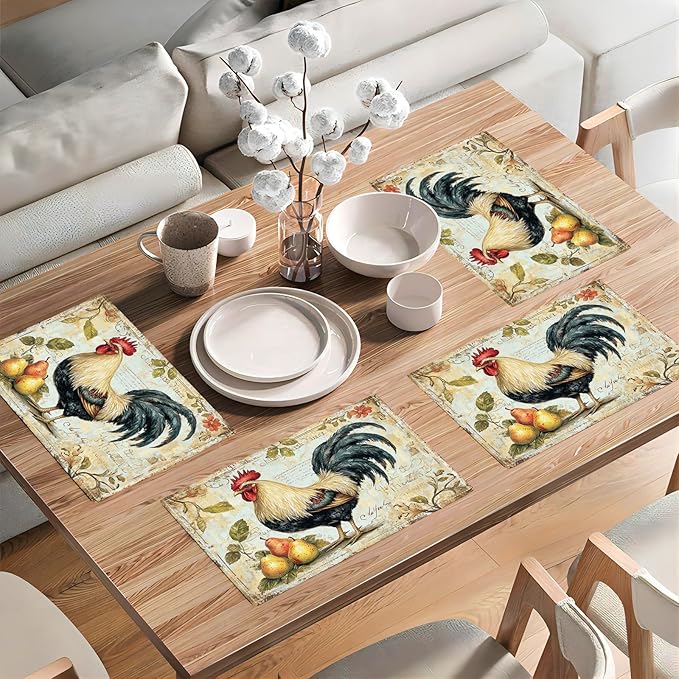 Farmhouse Rooster Placemats Set of 6, Rustic Chicken Place Mats, Pear Dining Table Mats, Washable Placemats for Kitchen Dining Room Home Decor 18L'' × 12W''