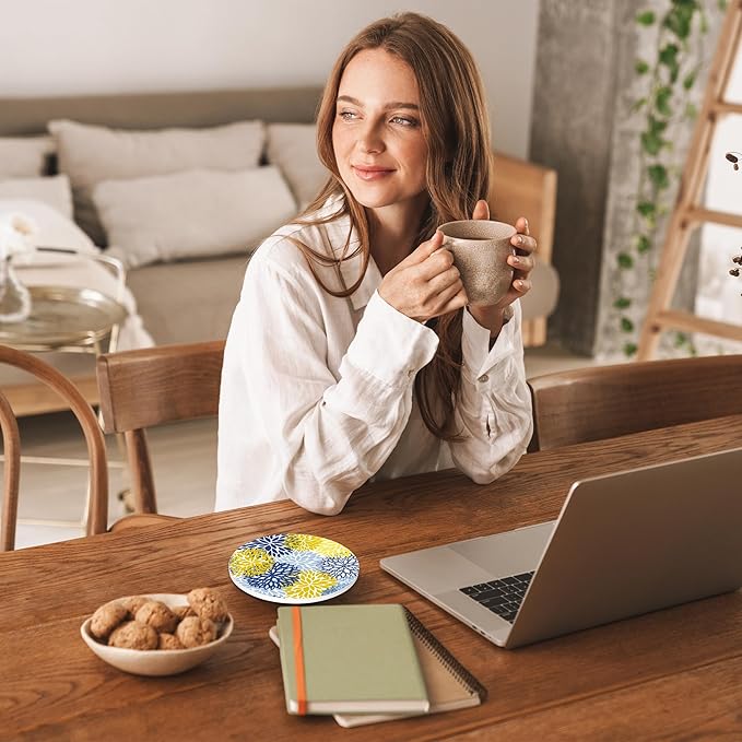 Spring Drinks Coasters Set of 4, Absorbent Cup Mat with Cork Base,Ceramic Stone for Table Home Decor 4" Navy Blue Flower