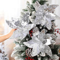6 Pcs 10.6'' Christmas Large Silver Mirrored Poinsettias with Clips Artificial Glitter Poinsettias Flowers Christmas Tree Ornaments for Xmas New Years Eve Garland DIY Project Winter Wedding Decor