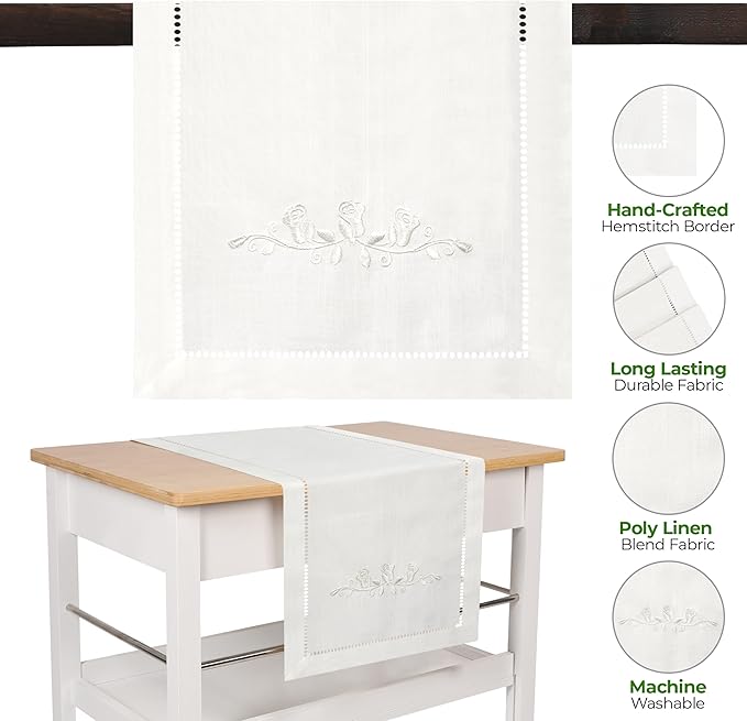White Rose Embroidered Table Runner - Perfect for Home Decor, Elegant Dresser Scarf for Bedrooms and Dining Tables, or Rustic Farmhouse Kitchens (13 x 108 Inches Long)