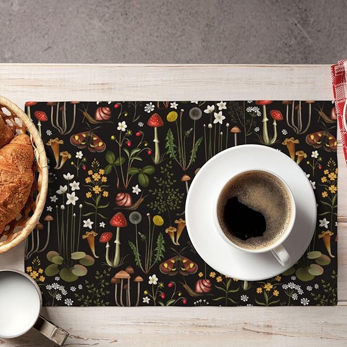 Mushroom Placemats Set of 4,Vintage Forest Moth Table Mats Heat Resistant Washable for Kitchen Dining Table Spring Summer Place Mats Linen 12x18 Inch 4 PCS, Style-4