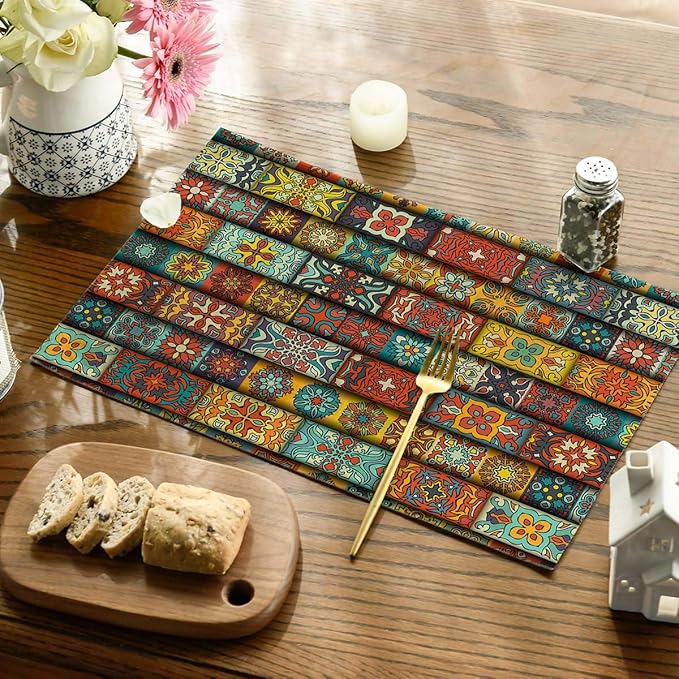 Placemats Set of 4 Vintage Floral and Mandala Dining Place Mats Linen Table Mat for Farmhouse Home Kitchen Decor 12 X 18 Inch