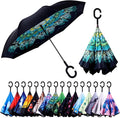 Inverted Umbrella, 49 Inch Double-Layer Vented Reverse Umbrella, Windproof Waterproof UV Protection, Lightweight C-Handle, Fiberglass Ribs, Steel Shaft, Travel/Commute/Car Use, With Sleeve