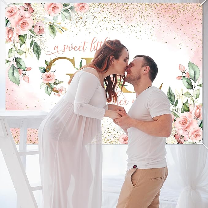 Avezano Girl Baby Shower Backdrop Pink Floral Sweet Baby Baby Shower Banner A Sweet Little Girl is on Her Way Party Decorations Banner (7x5ft)