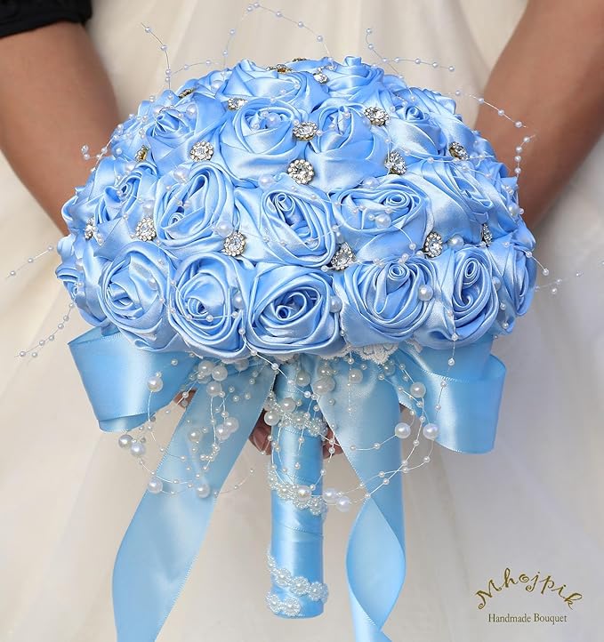 Bridal Wedding Bouquet Round Bling Brooch Bouquet Throw Toss Artificial Rose Flower Bunch for Bride Bridesmaid Wedding Quinceanera(Light Blue, 6.3")