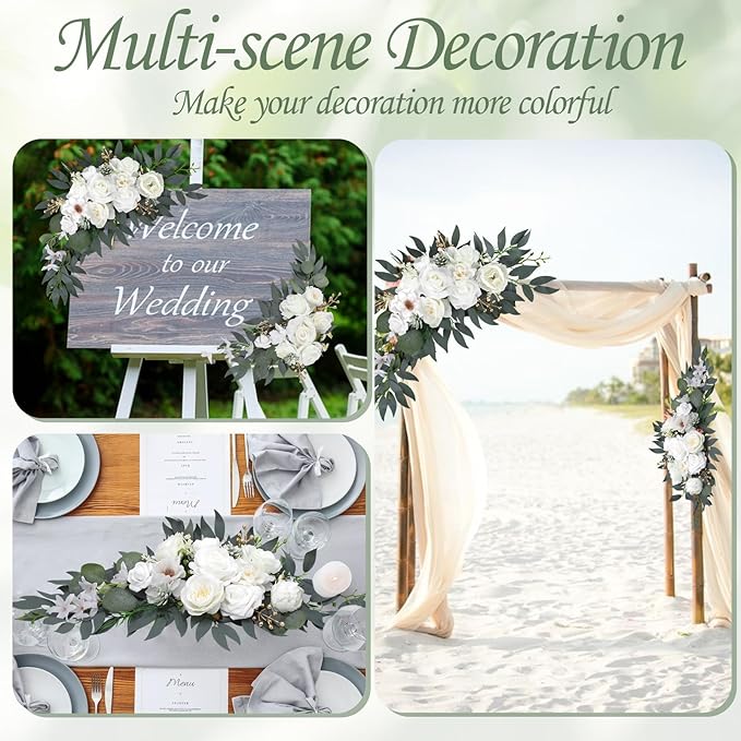 Wedding Arch Flowers for Wedding Welcome Sign, 2PCS Artificial Flower Floral Swag for Decoration Ceremony Reception Backdrop Party Aisle (White)