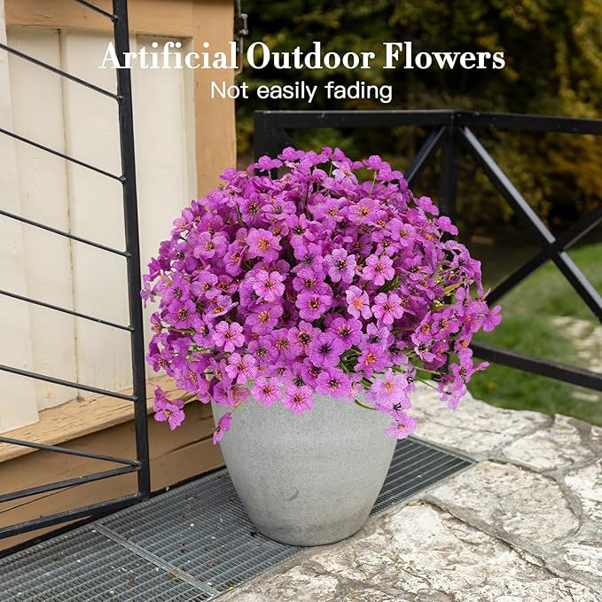 20 Bundles Artificial Flowers for Outdoors Decorations, Fake Flowers Faux Plants Silk Colorful Daisy Eucalyptus Flowers Realistic UV Resistant for Garden Patio Porch Box Home Decor, Purple
