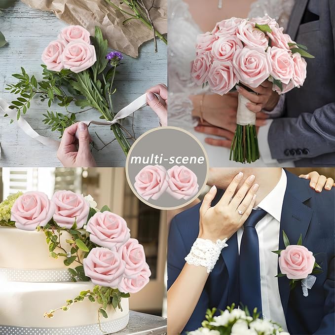 Artificial Flowers Blush Roses 100PCS Real Looking Foam Fake Roses with Leaves and for DIY Wedding Bouquets Bridal Shower Centerpieces Party Decorations (Light Pink, 100)