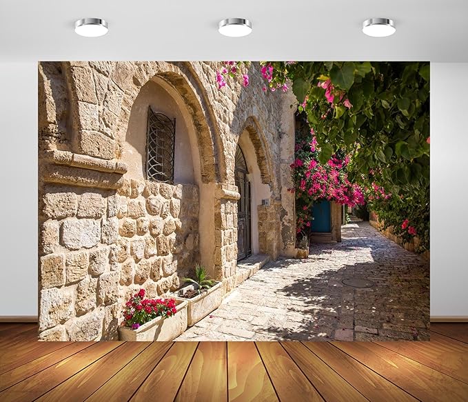 5x3ft Fabric Old Stone Street Backdrop Jerusalem Ancient Narrow Street with Blooming Flowers Israel Background Ancient Stone Wall Backdrop Photoshoot Studio Props