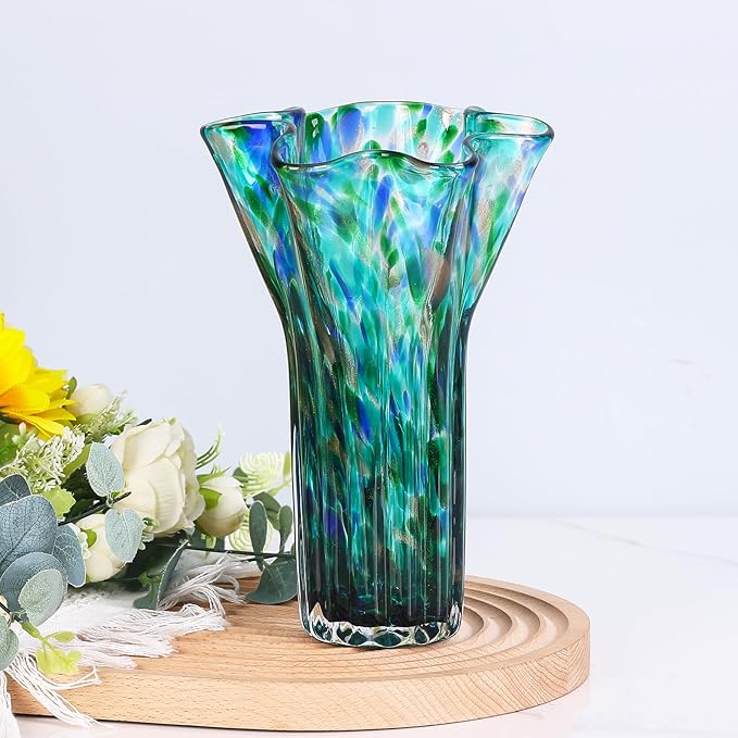 7.8" Tall Teal Vase Hand Blown Glass Vase Green, Modern Teal Home Centerpieces Wide Mouth Vases for Bud&Flower Decor - Ideal Living Room, Kitchen, Wedding, Dining Table, Office Center Table