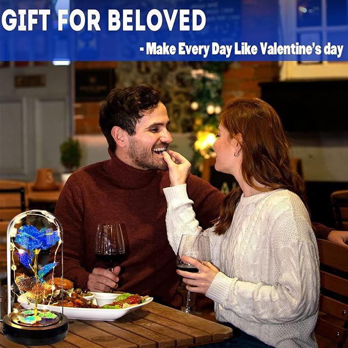 Birthday Rose Flower Gifts for Women, Mothers Day Glass Rose Gift for Mom from Daughter Son, Colorful Blue Rainbow Rose in Glass Dome with Music Box, Light Up Rose in Glass Dome for Her Wife Grandma