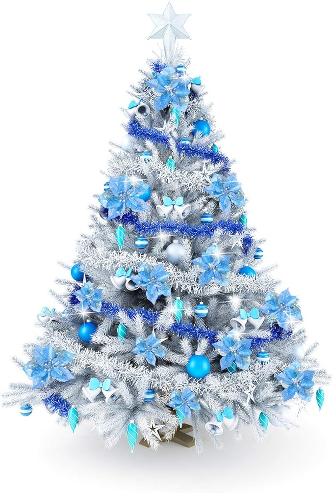 Boao 24 Pieces Christmas Artificial Glitter Poinsettia Flowers Xmas Flowers Wedding Christmas Tree New Year Ornaments(Blue)