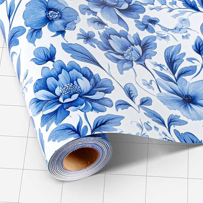 MAYPLUSS Blue Floral Wrapping Paper Roll - 17 Inch x 33 Feet, Blue White Flower Design Gift Wrap for Mother’s Day, Wedding, Bridal Shower, Birthday