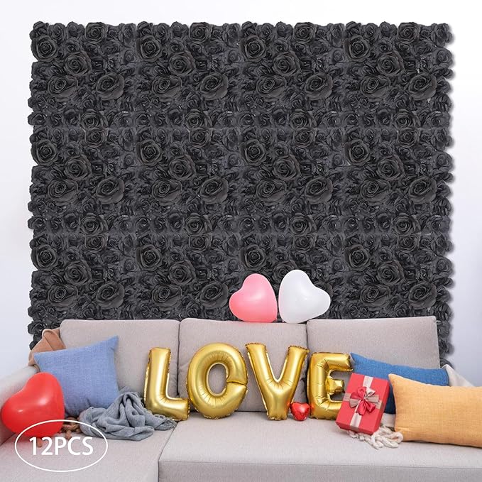 12PCS Artificial Flowers Decoration, Flower Wall Panels, Black Flowers Wall, Stage Background Artificial Flowers Decoration, Silk Rose Flower Panels, Use for Party, Anniversary