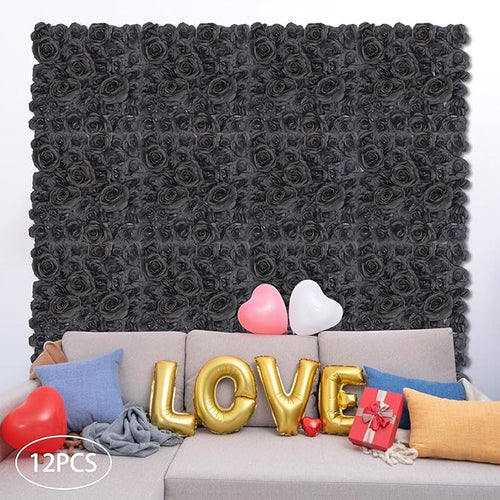 12PCS Artificial Flowers Decoration, Flower Wall Panels, Black Flowers Wall, Stage Background Artificial Flowers Decoration, Silk Rose Flower Panels, Use for Party, Anniversary