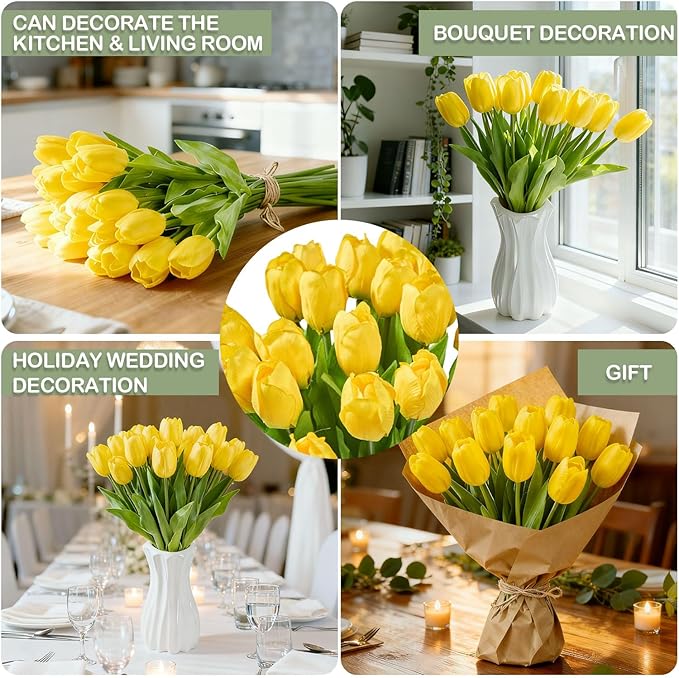 Artificial Flowers Mother's Day Easter Valentine's Day Gifts, Artificial Flowers Fake Tulips Flowers Home Kitchen Wedding Table Decorations a Bunch of 20 Yellow Tulips