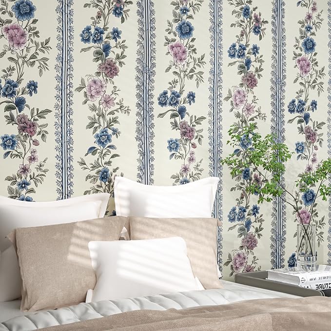 Vintage Floral Wallpaper Peel and Stick Boho Wallpapers 17.5in x32.8ft Blue/Beige Floral Wall Mural Vinyl Removable Self Adhesive Nursery Modern Wallpaper for Bookshelf Cabinets Bathroom Walls
