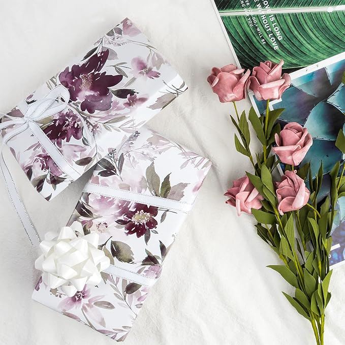 WRAPAHOLIC 30 Inch Floral Wrapping Paper - 30 Inch X 33 Feet - Purple Flower Wrapping Paper for Wedding, Birthday, Valentines' Day, Baby Shower, Anniversary, Bridal Shower