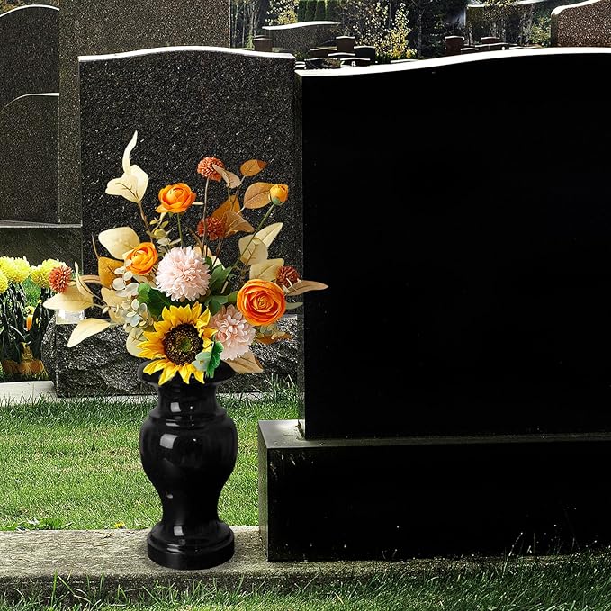 Cemetery Vase, Granite Grave Vase Polished, Black Memorial Stone Vases with Draining Hole for Home Tabletop, Cemetery Flowers, Grave Headstone Decorations (1pc, Polished Black)