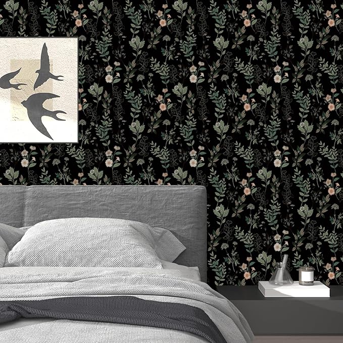 Black Green Floral Wallpaper 17.4" x 394", Dark Green Leaf Contact Paper Peel and Stick Wallpapers Waterproof Self-Adhesive Wall Covering for Bedroom Countertop Desk Cabinets Decor