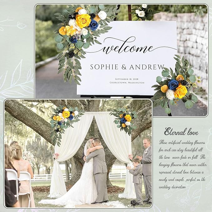 Faux Flower Swag Set of 2, Yellow Artificial Flowers Swags for Wedding Arch, Wedding Welcome Signs, Welcome Reception Ceremony Signs Decorations