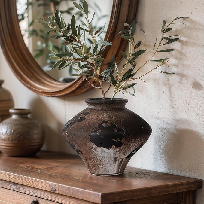Rustic Ceramic Wabi Sabi Vase, 6.7''Vintage Brown Pottery Flower Jar with Wide Mouth, Handmade Distressed Clay Decor for Table Centerpiece, Farmhouse Shelf, Entryway or Mantel