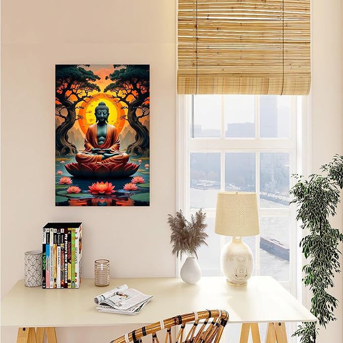 Canvas wall art Golden Buddha on lotus at sunset Ancient trees with reflections on water Serene meditation scene Uplifting wall art for mindfulness and tranquil home decor 20x30in Wood Framed