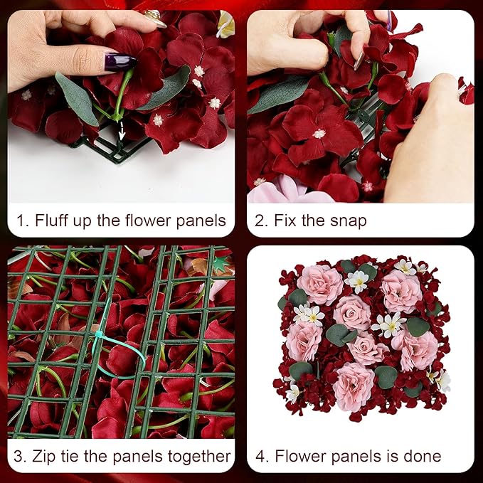 Pack of 12 Artificial Silk Flower Panels, Faux Floral Wall Background for Wedding Party Engagement Bridal Shower Arrangement Home Decorations - Burgundy & Dusty Pink