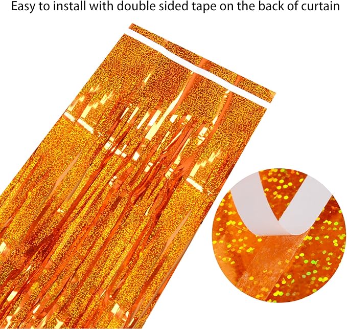 Upgraded Thicker Melsan Tinsel Fringe Curtain, 3 Pack 3.2 x 8.2 ft Orange Metallic Streamers with Extra Tape, for Thanksgiving Birthday Baby Shower Graduation Party Decor