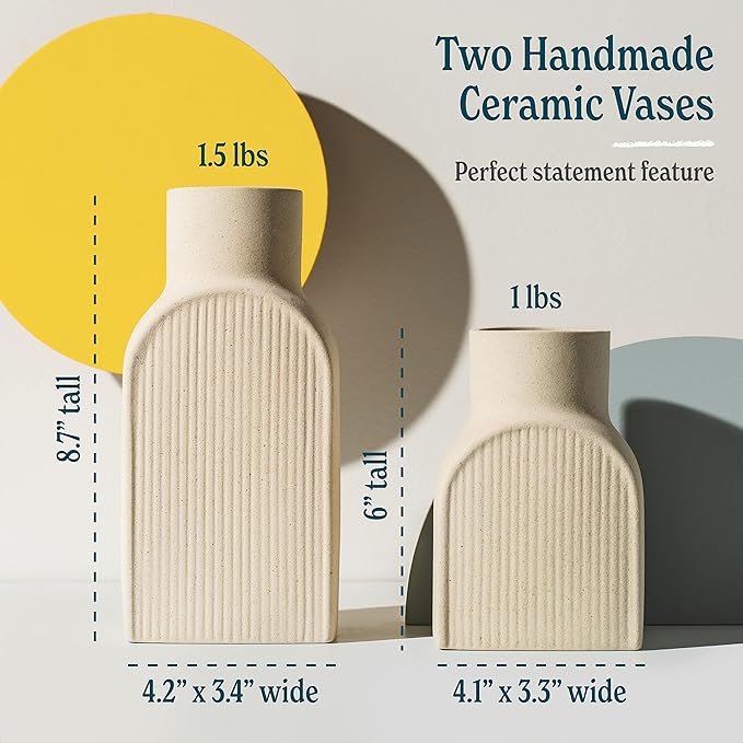 Ceramic Ribbed Vases - 2 Piece Set, Small and Large Vase, Bottle Flower Planter Set. Scandi Style Home Decor. Neutral Cream Home Decor, Coastal Decor for Home, Centerpiece for Table