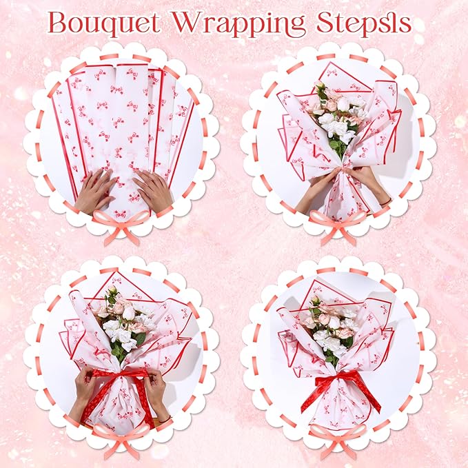 Liobelon 20 Sheets Flower Wrapping Paper Waterproof Bouquet Paper with Bow Pattern Gift Wrapping Paper for Flower Shop, Wedding, Birthday Party, Handmade DIY, Anniversary 22.8 x 22.8 Inch (Bow - red)