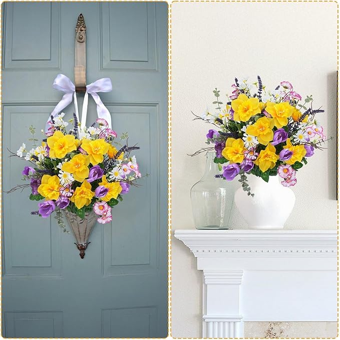Fake Flowers Outdoor 15.7" Summer Artificial Wildflowers Bouquet Mixed Bush Faux Silk Flowers for Home Planter Porch Garden Cemetery Table Centerpieces Indoor Décor (Daffodils Tulips Daisies)