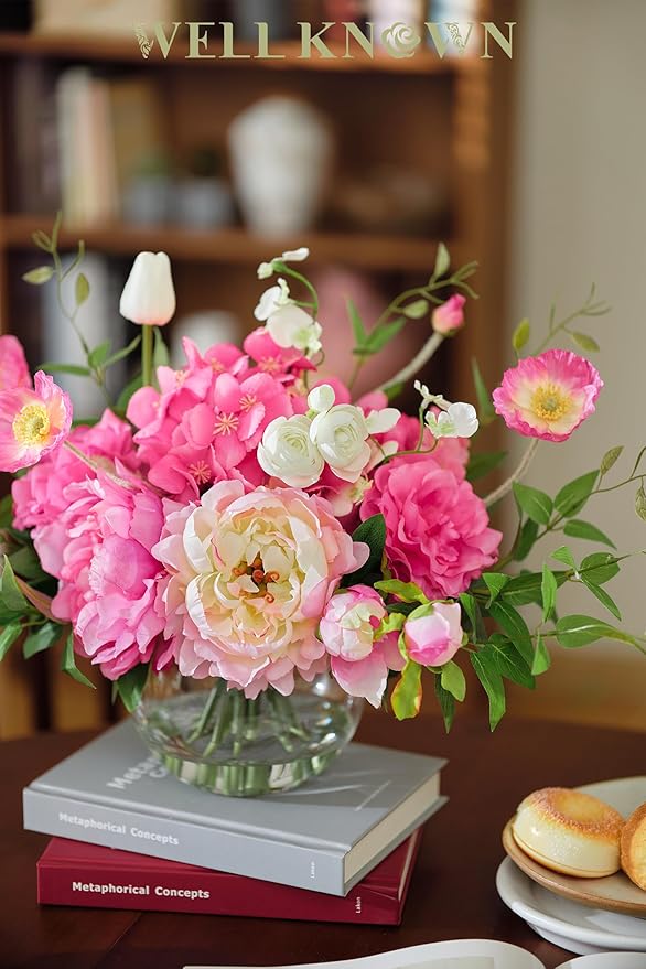 Artificial Flowers in Vase, WELL KNOWN Silk Hydrangea Bouquet and Peonies Artificial Flowers Table Centerpieces with Faux Water for Home Decor Fake Tulips Flower Arrangements for Table Decor (Fuchsia)