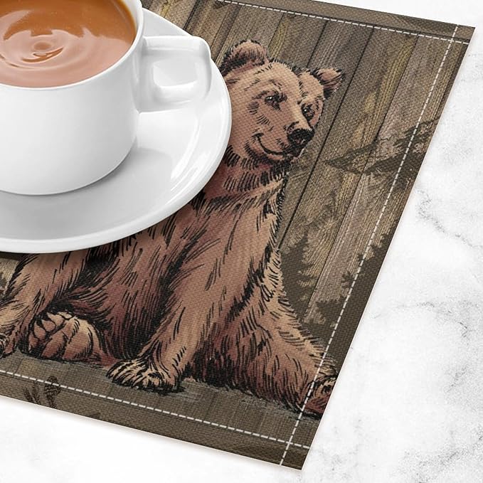 Rustic Lodge Bears Placemats Set of 4, Vintage Cabin Pine Tree Wooden Board Place Mats, Heat Resistant Non Slip Cotton Linen Dining Table Mats for Home Party Kitchen 18x12 Inch