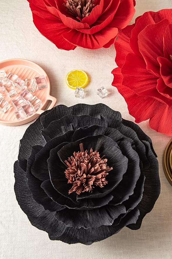 Artificial Paper Flower Decorations for Wall Backdrop Wedding, Giant Paper Flowers, Handcrafted Flowers for Birthday Baby Shower Bridal Shower Nursery Decor(Black & Red Set 7)