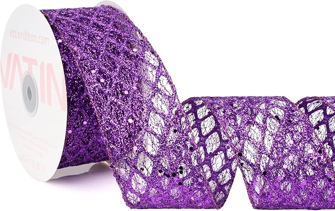 VATIN 2-1/2" Purple Christmas Ribbon, Purple Glitter Mesh Diamond Web Sequin Dots Wired Christmas Ribbon for Gift Wrapping Bow Making Wreath Supply-10 Yards