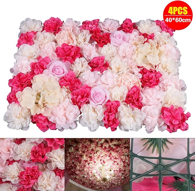 16"x 24" Artificial Flower Wall Panels,Flower Wall Mat Silk Flower Panels for Outdoor Garden Backyard Fence Fence Privacy Screen and Indoor Wall Decor (4Pcs Rose Red+ Pink+ Light Yellow)