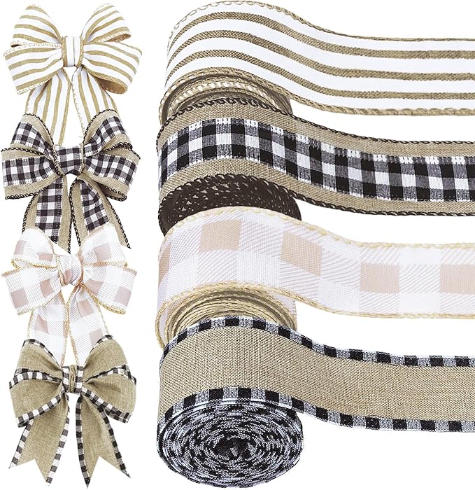 4 Rolls Winter Burlap Checked Ribbon Wire Border Christmas Holiday DIY Present Butterfly Floral Craft Decor 1.5 Inches Wide 13.2 Yard (Natural)