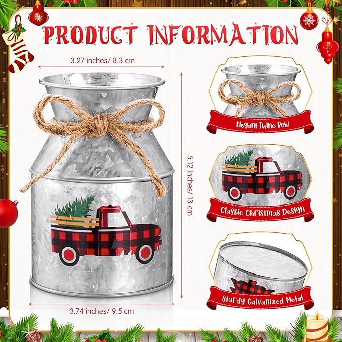 Domensi 3 Pcs Christmas Flower Vases for Table Centerpieces Bulk 5.12 Inch Metal Galvanized Farmhouse Flower Buckets with Bow Rustic Xmas Milk Can Jug for Kitchen Dining Room Table Decor (Iron)