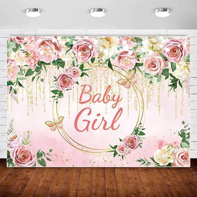 InMemory Pink Rose Baby Girl Baby Shower Backdrop Banner Decorations for Girl,Pink Flower It's a Girl Banner Photography Background for Sweet Girls Baby Shower Party Supplies Photo Booth Props 6x4ft
