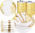 DaYammi 210Pcs White Gold Plastic Plates for Party,Gold Disposable Dinnerware Set Includes 60 gold floral plates,30 plastic Silverware,30 Per Rolled Napkins,30 Plastic Cups for Christmas Party Wedding