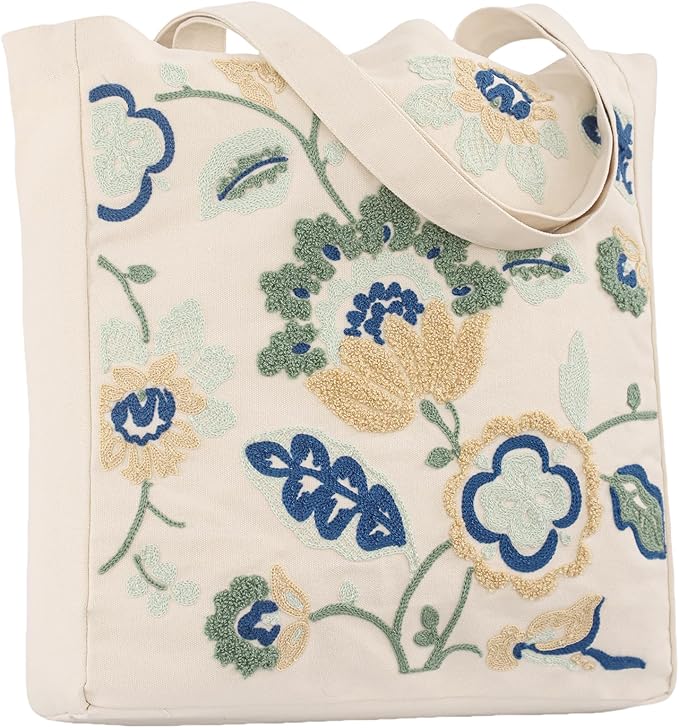 Aesthetic Embroidery Tote Bag for Lady Cute Reusable Canvas Shoulder Bag for Girls Women Shopping Grocery