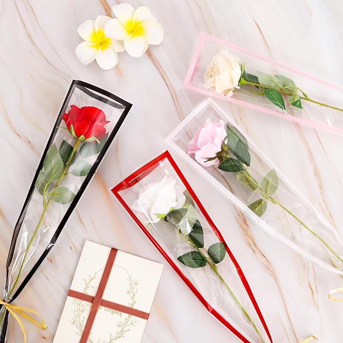 BEISHIDA 100 Pcs Single Rose Sleeve Bouquet Bags Kraft Paper Flower Bouquet Wrapping Paper Clear Single Flower Sleeve Rose Packaging For Mother's Day,Wedding,Valentine's Day(15.7 X 4.7in-White)