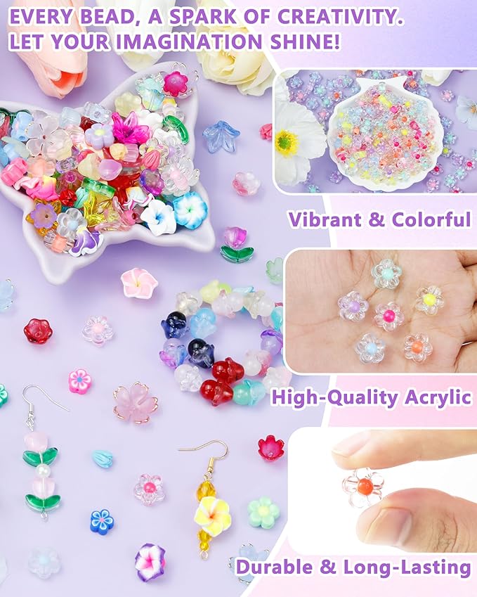 FIVEIZERO 300PCS Acrylic Flower Beads, Colorful Transparent Bead Charms for DIY Bracelets, Necklaces & Jewelry Craft Supplies