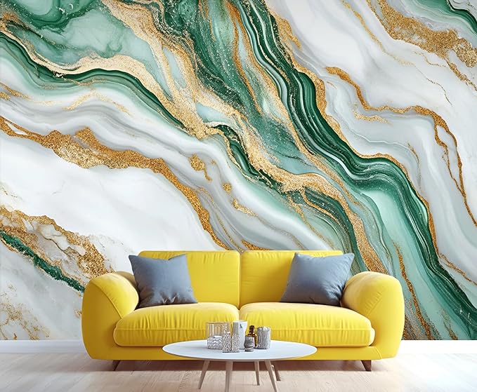 Green Gold Marble Wall Mural, Elegant Marble 3D Wall Murals, Luxury Stone Texture Wallpaper Mural, for Living Room Bedroom Large Wallpaper Indoor Decor 157.5" W x110.3 H