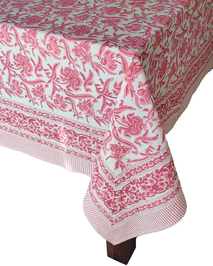 ATOSII Red Bloom 100% Cotton Rectangle Tablecloth, Block Print Floral Linen Table Cloth for Dining Parties Outdoors Weddings Holidays I 72 X 140 Inches, 12 Seater, Summer Farmhouse Grandmillennial