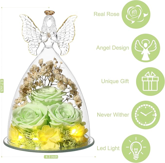 Mothers Day Mom Gifts for Women Preserved Flowers in Glass Angel Forever Flowers Gifts Eternal Roses Gifts for Grandma, Green
