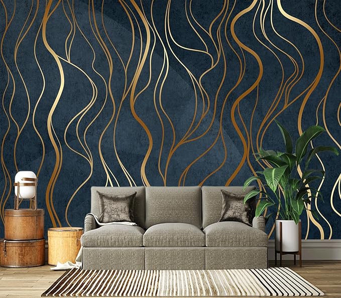 Eierme-Abstract Luxury Golden Wallpaper Wavy line Art Background Dynamic Ribbons 90" x 67"